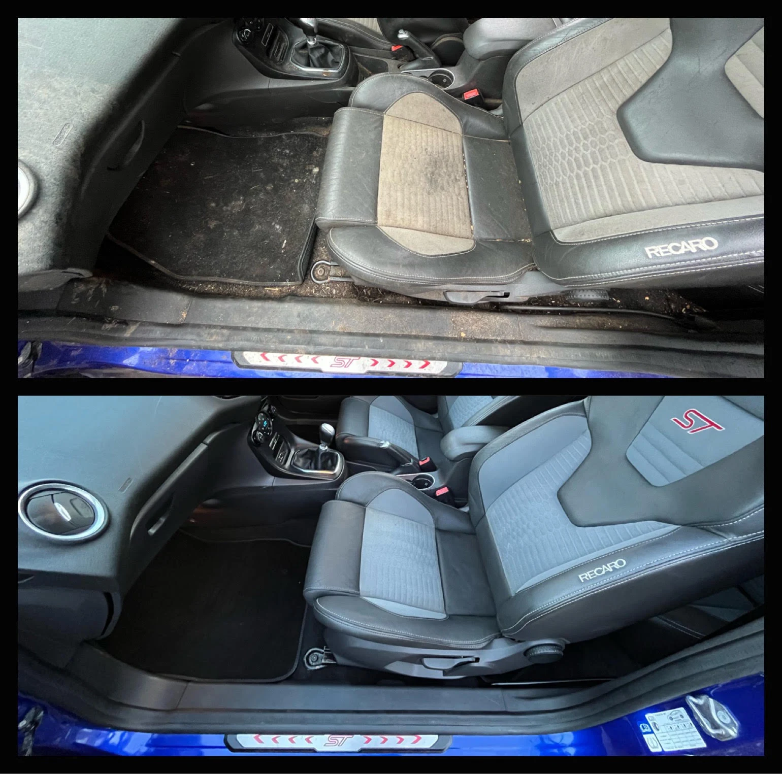 Ford Focus ST — Recaro seat and front passenger footwell: before at the top and after underneath