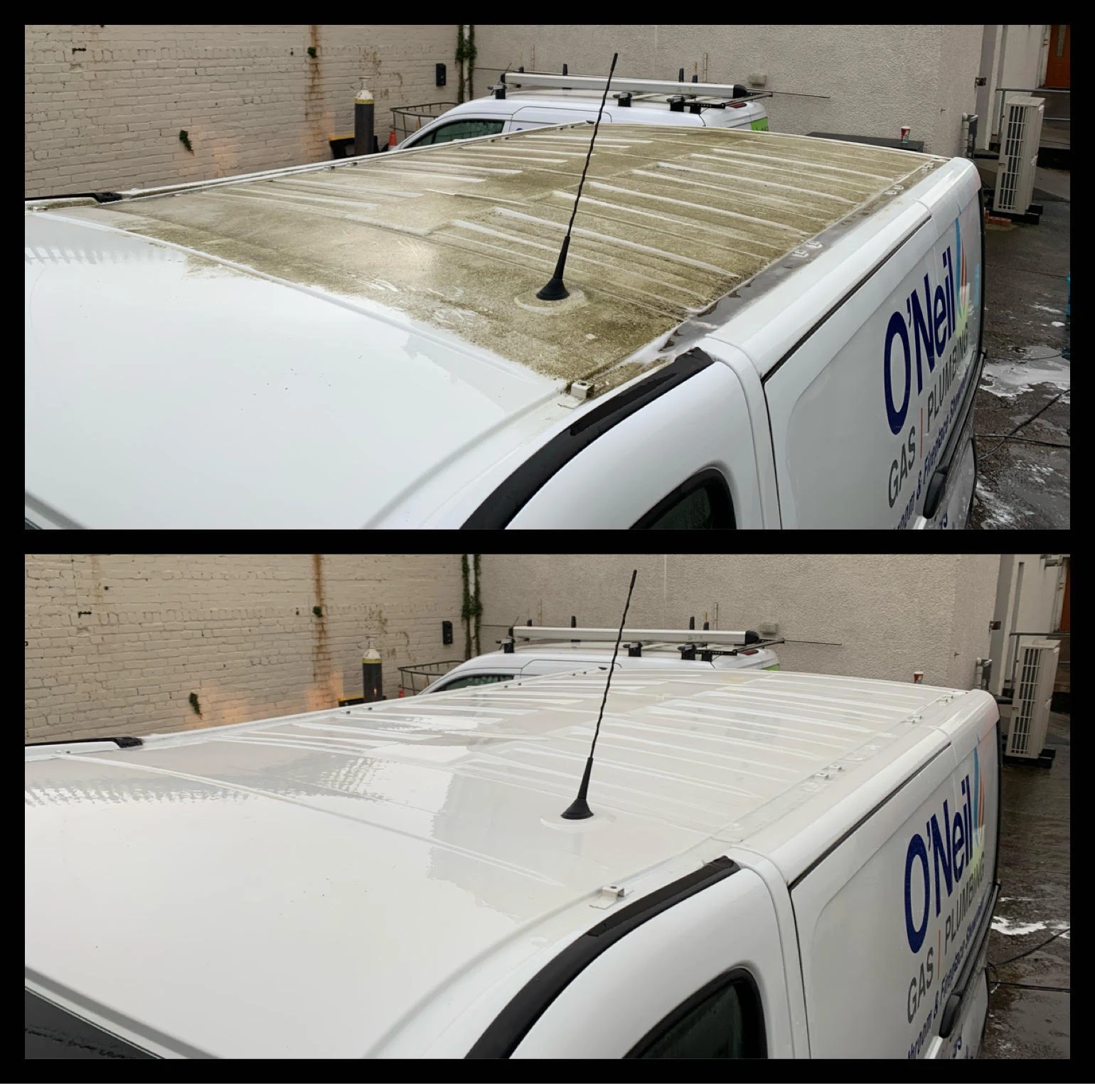Work van — roof clean: before at the top and after underneath