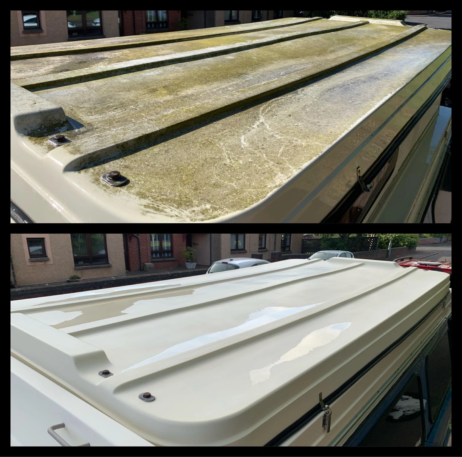 Camper — roof clean: before at the top and after underneath