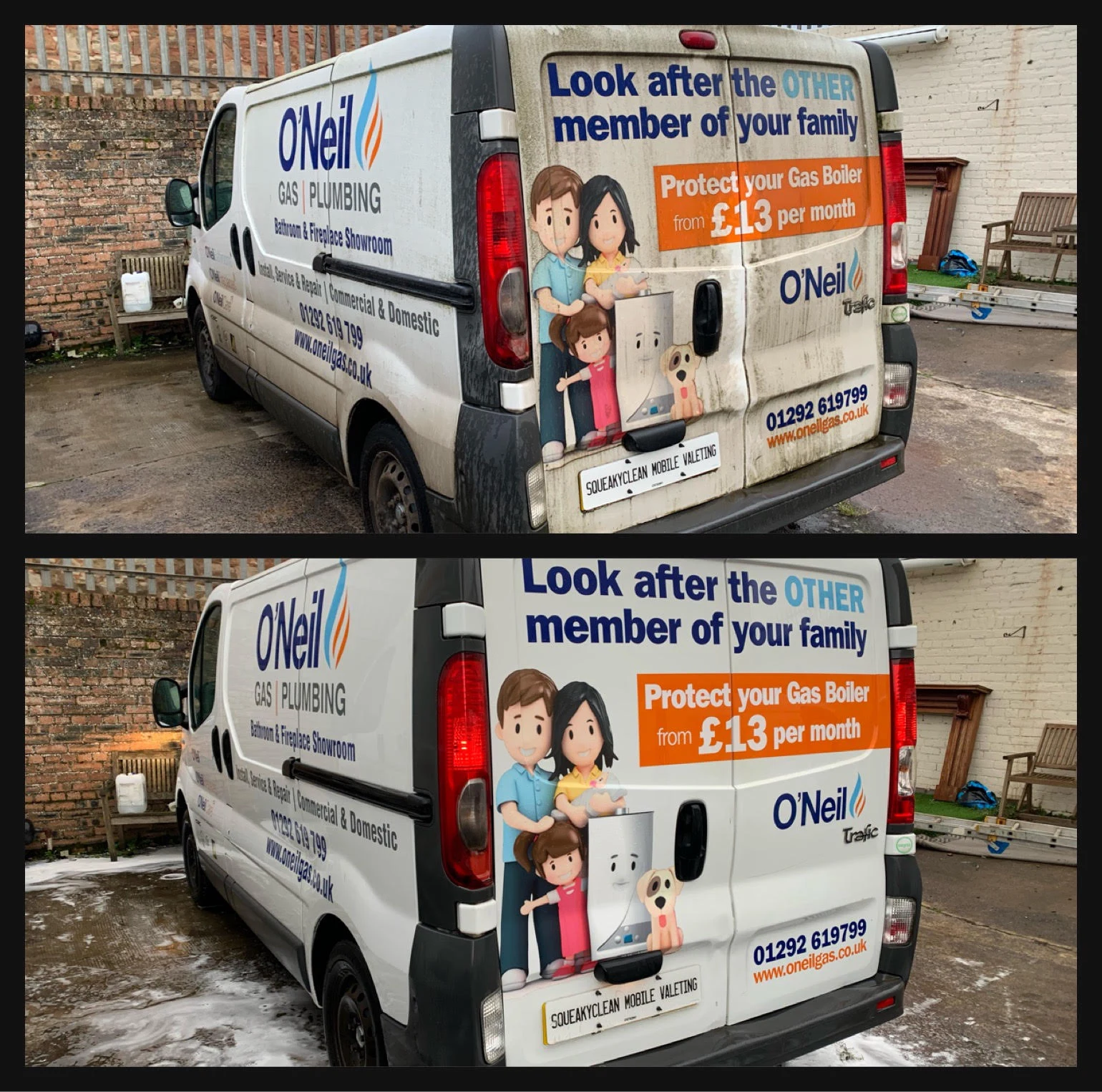O’Neil Gas van — exterior clean: before at the top and after underneath