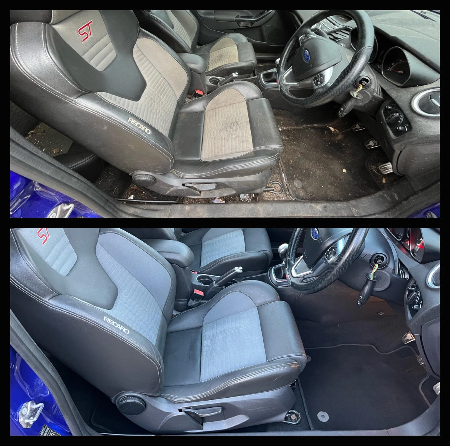 Ford Focus ST — front seats and footwell: before at the top and after underneath