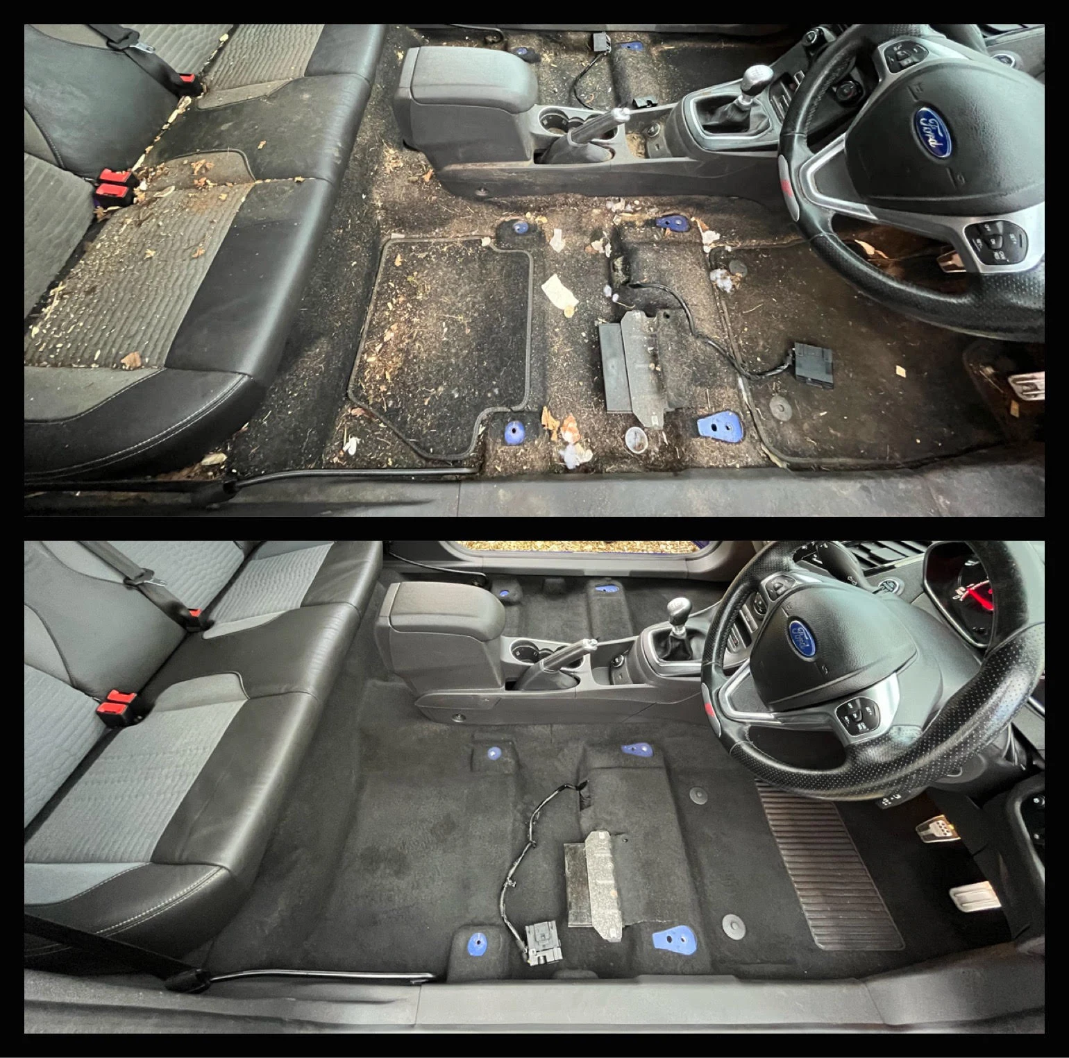 Ford Focus — stripped floor and rear footwell: before at the top and after underneath